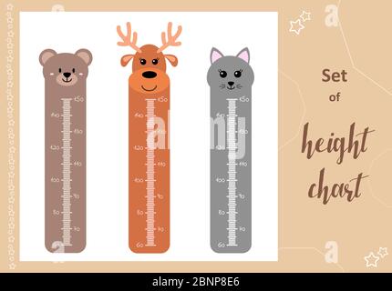 Kids space height chart. Cute wall meter with funny animals. Vector template. Cartoon zoo. Design of children's products in scandinavian style. Stock Vector