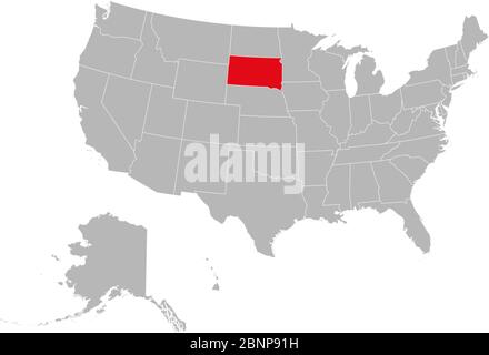 South dakota highlighted on USA political map vector illustration. Gray background. Stock Vector