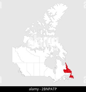 Newfoundland and labrador highlighted on canada map. Gray background. Canadian political map. Stock Vector