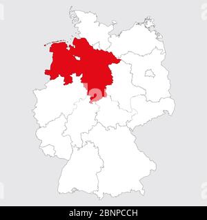 Lower saxony highlighted germany map. Gray background. German political map. Stock Vector