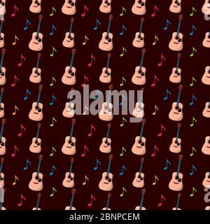 acoustic guitar with music note seamless pattern for music concept vector illustration background Stock Vector