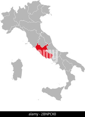 Lazio roma province highlighted red on italy map. Gray background. Italian political map. Stock Vector
