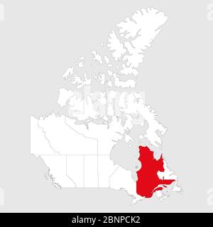 Quebec province marked red on canada map. Gray background. Canadian political map. Stock Vector