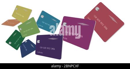 Nine credit card or debit cards in the colors of the spectrum float above a white background in this 3-D illustration. Stock Vector