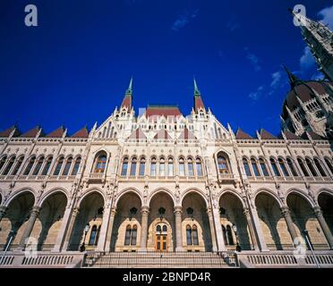 Low angle view of the main facade of the Hungarian Parliament Building.  Budapest, Hungary Stock Photo