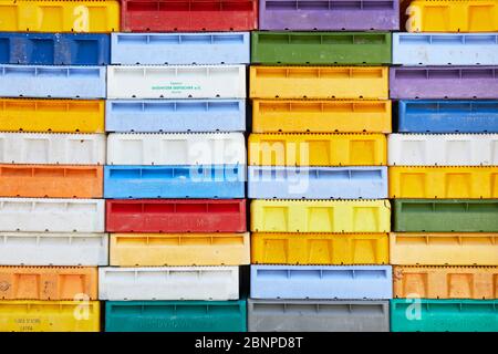 Germany, Mecklenburg-West Pomerania, Ruegen, fish boxes, colorful, stacked Stock Photo