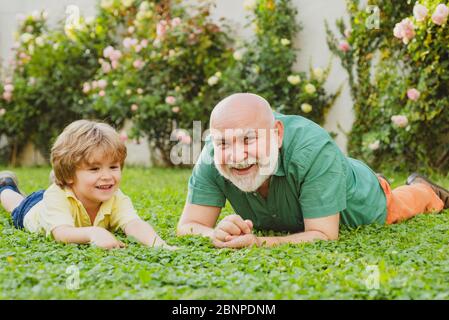 Grandson embrace his grandfather. Happy family father and child on meadow with a kite in the summer on green grass. Cute boy with dad playing outdoor Stock Photo