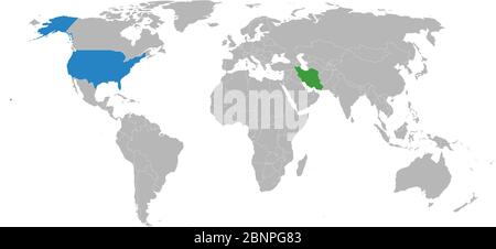 Iran, USA political map highlighted on world map. Diplomatic trade relationship. Perfect for business concepts, backgrounds, backdrop, poster, label, Stock Vector
