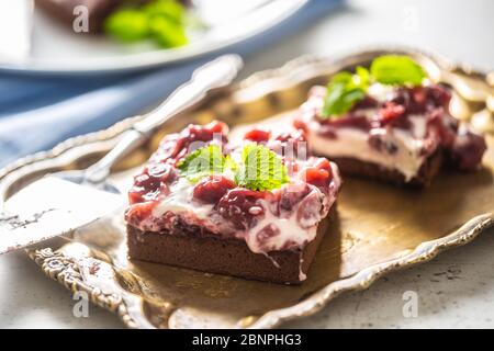 Brownie cherry cakes with cream, sour cherries and fresh mint on a vintage tray. Stock Photo