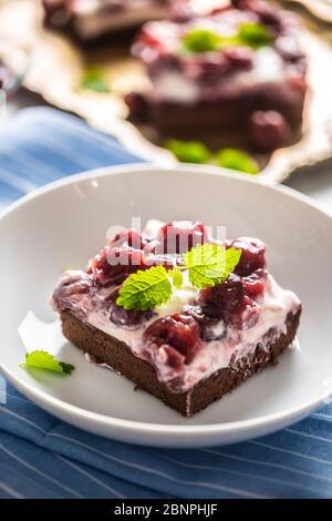 Portrait of a piece of brownie with a cream, cherries and fresh mint leaves on a plate. Stock Photo