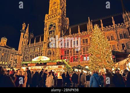 Europe, Germany, Bavaria, Munich, Marienplatz, Christmas, New Town Hall, Town Hall Tower, Glockenspiel, Evening, Christmas Market, Christmas Tree Stock Photo