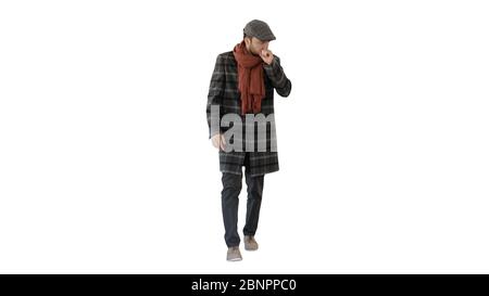 Stylish gentleman walking and coughing on white background. Stock Photo