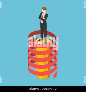 Flat 3d isometric businessman standing on coin stack with spiral growth arrow. Business success and leadership concept. Stock Vector