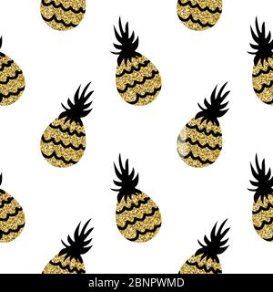 Golden glitter pineapple seamless pattern. Tropical fruit on white background. Vector illustration. Stock Vector
