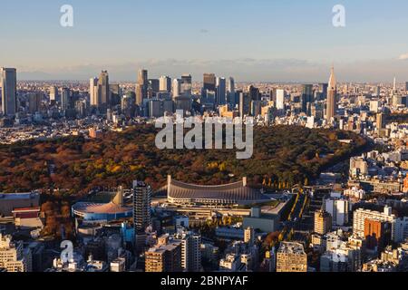 Japan, Honshu, Tokyo, Shibuya, View of Shinjuku Skyline from Shibuya Scramble Square Building Rooftop Viewing Area Stock Photo