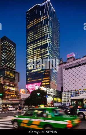 Japan, Honshu, Tokyo, Shibuya, Shibuya Scramble Square Building and Shibuya Station at Night Stock Photo