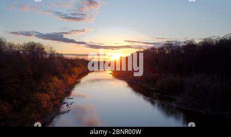 London Ontario Thames River Dam Sunset Aerial Stock Photo