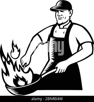 Black and White illustration of a cook or chef cooking with flaming pan or wok viewed from front on isolated background in retro style. Stock Vector