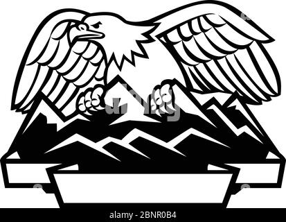 Black and white illustration of an American Bald Eagle perching on top of snow capped mountain range viewed from front on isolated background in retro Stock Vector