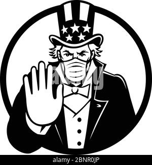 Black and White illustration of American Uncle Sam, national personification of US government, wearing a surgical mask, saying stop spread of virus by Stock Vector