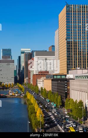 Japan, Honshu, Tokyo, Yurakucho, Marunouchi, Imperial Palace Moat and Marunouchi Skyline Stock Photo