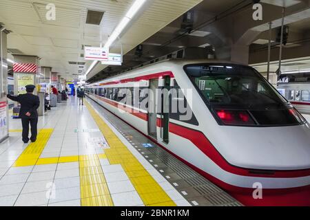 Japan, Honshu, Tokyo, Asakusa Station, Tobu Railways Platform and Train Stock Photo