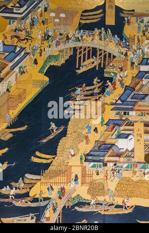 Japan, Honshu, Tokyo, Haneda Airport, International Terminal, Departure Area, Artwork Decoration depicting Tokyo Life in the Edo Period Stock Photo