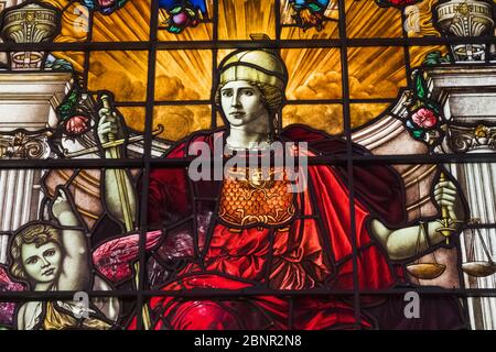 England, London, Greenwich, National Maritime Museum, Display of Stained Glass Windows from the Baltic Exchange depicting Justice Stock Photo