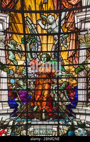 England, London, Greenwich, National Maritime Museum, Display of Stained Glass Windows from the Baltic Exchange depicting Victory Stock Photo