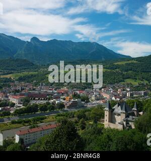 Elevated view of the town of Albertville with hosted the 1992 Winter Olympic Games, Savoie, French alps Stock Photo