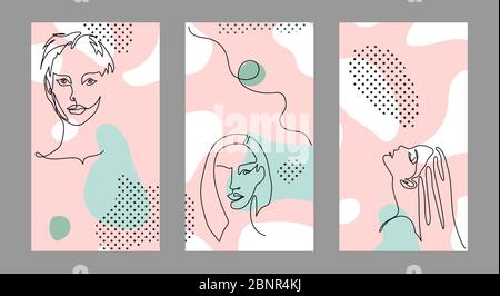 Social media stories vector backgrounds,templates set with abstract faces.Modern memphis style and girl simple one line drawing face Stock Vector
