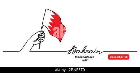 Bahrain Independence Day vector flag background, poster, web banner. One continuous line drawing concept with hand, Bahrain flag, lettering Stock Vector
