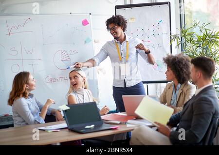 Businessman pointing at a coworker in a pitch meeting.  Coworkers discussing in a meeting. Great team work example. Stock Photo