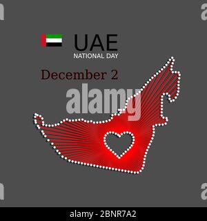 UAE National Day art banner, background, poster. Patriotic illustration of UAE United Arab Emirates unity with map, flag, heart Stock Vector