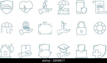 Protection icons. House cars life business and money insurance medicine caring people line thin vector pictures Stock Vector