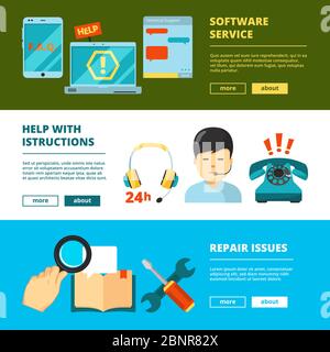 Customer service banners. Technical support online 24h help chat admin consultant in headset vector flat pictures Stock Vector