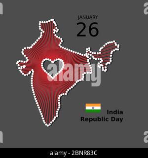 India Happy Republic Day vector poster, background,banner. Patriotic illustration of India country unity with map, flag, heart Stock Vector
