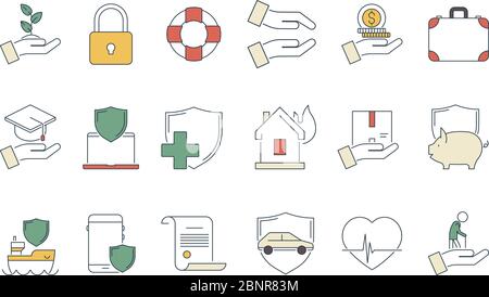 Business protection icon. Life protection safety money insurance liabilities caring medicine health protect vector linear symbols Stock Vector