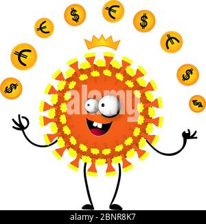 funny virus covid-19 character plays and flips coins. The concept of the impact of a pandemic on the global economy. Economic crisis Stock Vector