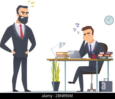Lazy worker. Business office manager tired from routine work slipping at desk angry director standing vector concept scene Stock Vector