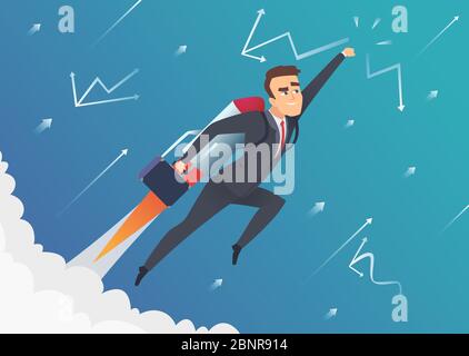 Success business. Businessman goes on to the moon flying on startup speed rocket improvement lift off vector concept Stock Vector