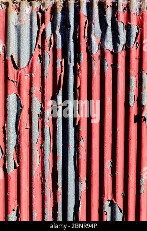 Old weathered corrugated sheet with peeled paint. Roofing material with close up view Stock Photo