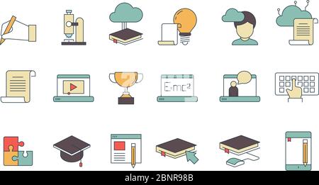 Education online symbols. Special learning courses school university with distance work online tutorials vector thin line colored icons Stock Vector