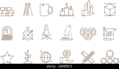 Startup symbols. Business idea franchise creative production marketing development perfect strategy rocket vector line icon collection Stock Vector