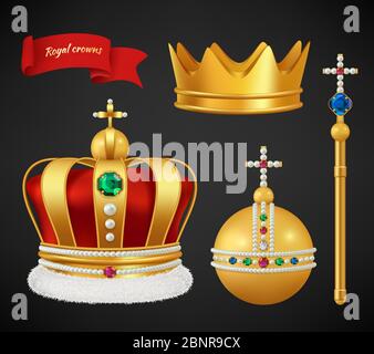 Royal crowns. Luxury premium medieval gold symbols of monarchy scepter antique diadem diamonds and jewels vector realistic pictures Stock Vector