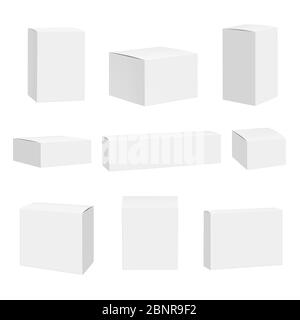 Blank white box. Packages container quadrate boxes detailed realistic vector mockup Stock Vector
