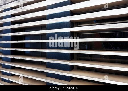 Concrete block panels of a building for window protection. Architectural close up detail. Stock Photo