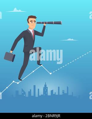 Business vision concept. Male businessman stands on chart looks through telescope professional control corporate growth vector Stock Vector