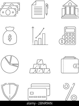 Finance icons. Business and bank economy payment money global finances law vector line thin symbols Stock Vector