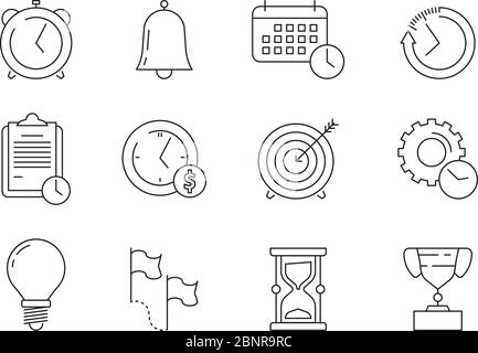 Time management icons. Reminder business project start works deadline save time vector line symbols Stock Vector